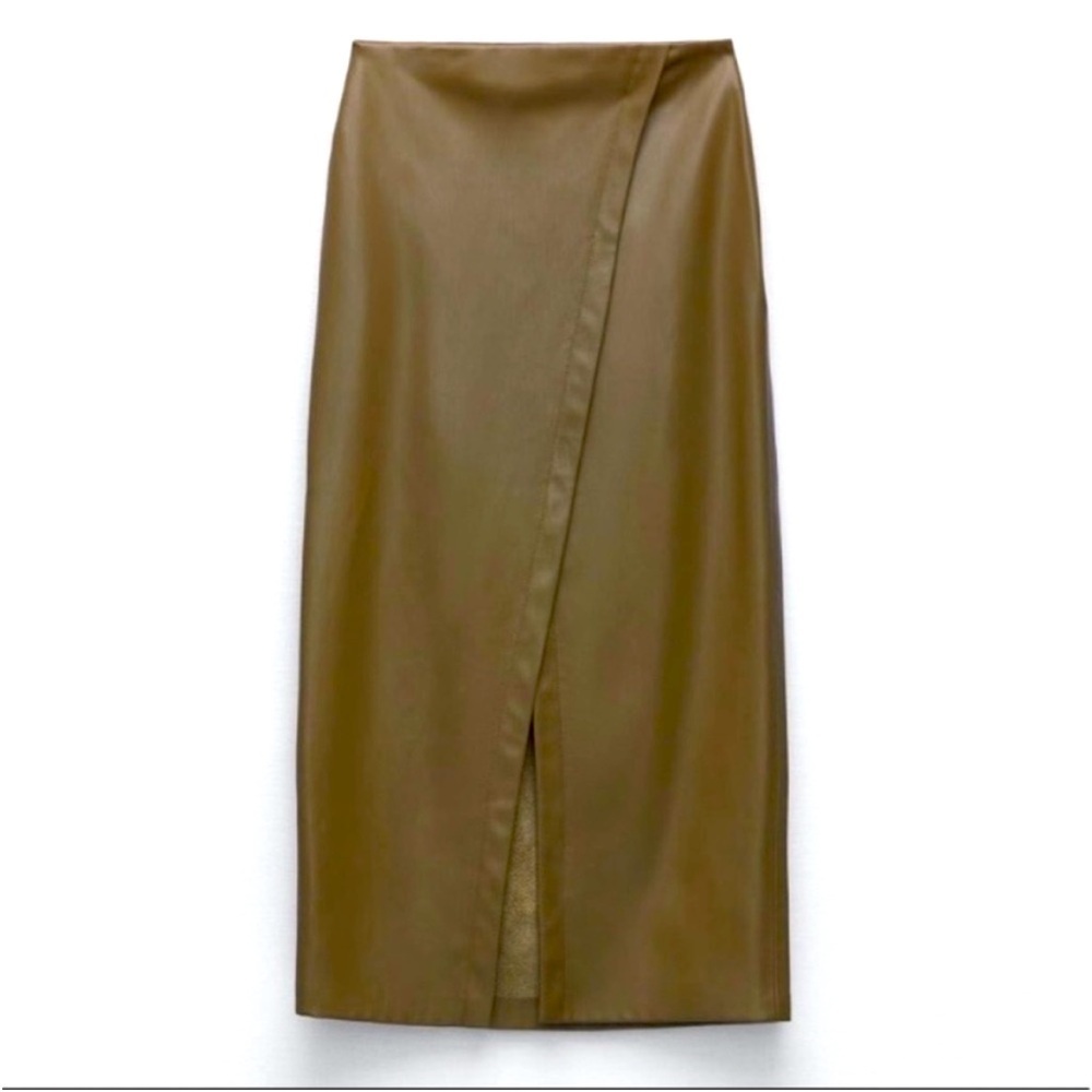 Zara Vegan Faux Leather Olive Green Pencil Skirt - M split front -viral skirt - Picture 4 of 6